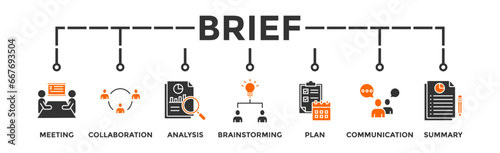 Brief banner web icon  for a briefing of business plan with an icon of meeting  collaboration  analysis  brainstorming  plan  communication  and summary