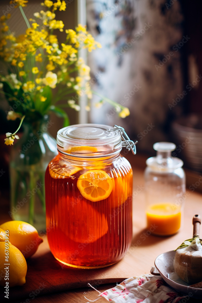 Kombucha in the kitchen on the table. Generative AI, Kombucha in the kitchen on the table. Generative AI,