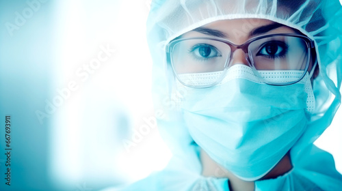 Young female doctor in a green uniform with surgical cap and protection mask  close up portrait  horizontal background. Prevention of Covid-19. AI Generated