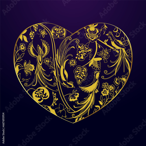 Ethnical heart logo concept. Beautiful heart icon with folk pattern. Graphic design. Branding identitiy template. Jewelry idea. Elegant arts style. Abstract texture with isolated elements. Cute decor.