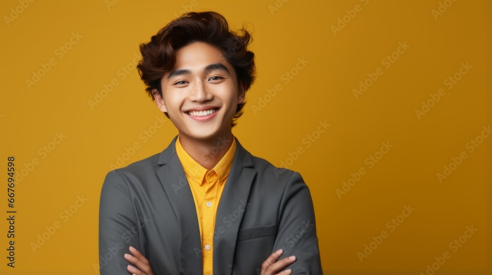 Smiling Teen Chinese Man with Brown Curly Hair Photo. Portrait of Business Person on Solid Background. Photorealistic Ai Generated Horizontal Illustration. Smiling Teen Chinese Man with Brown Curly Hair Photo. Portrait of Business Person on Solid Background. Photorealistic Ai Generated Horizontal Illustration.