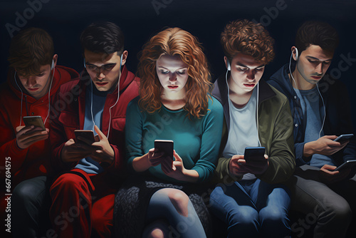Group of unhappy young people hypnotized with mobile phones and smartphones. Technology isolation and emotional depression. Internet and social media