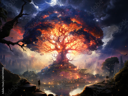 The big tree of life, connecting the terrestrial and heavenly realms, is the source of all life in the cosmos.