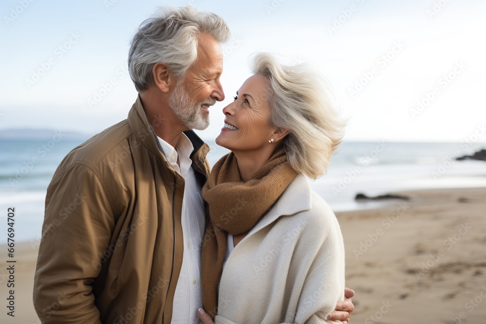 Happy Senior Couple Enjoying a Beach Stroll, Recalling Memories and Staying Healthy
