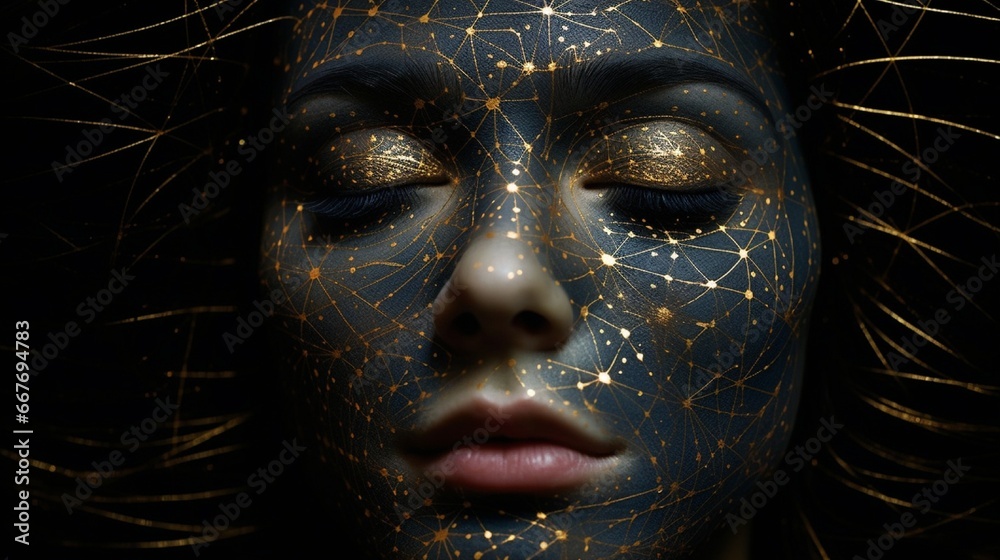 A face intertwined with a constellation map, where each star aligns with a freckle or beauty mark.