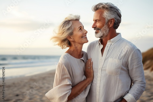 Happy Senior Couple Enjoying a Beach Stroll, Recalling Memories and Staying Healthy