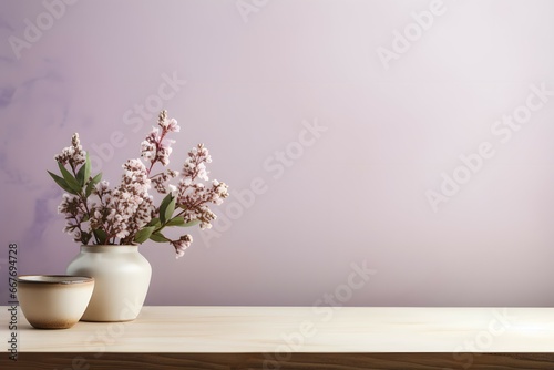 empty counter table top with vase of flowers