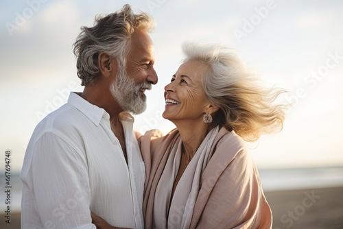 Happy Senior Couple Enjoying a Beach Stroll, Recalling Memories and Staying Healthy