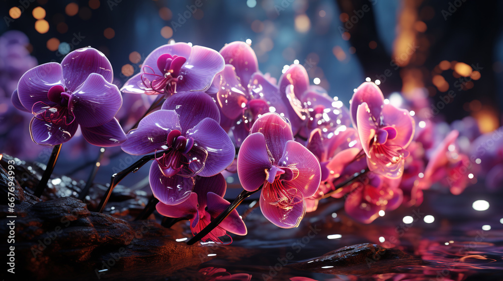 A Beautiful Purple Orchid Flowers and shiny Particles Bokeh Background A Beautiful Purple Orchid Flowers and shiny Particles Bokeh Background