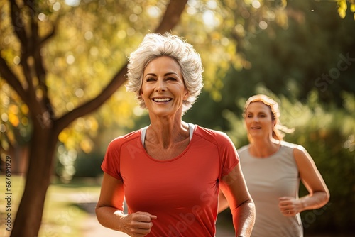 Active graceful Senior Women and Friends jogging in Lively Park Stretchingmuscle health, workout, and training with the retirement community