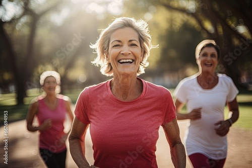 Active graceful Senior Women and Friends jogging in Lively Park Stretchingmuscle health, workout, and training with the retirement community © AKKA
