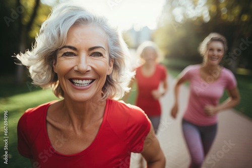 Active graceful Senior Women and Friends jogging in Lively Park Stretchingmuscle health, workout, and training with the retirement community © AKKA