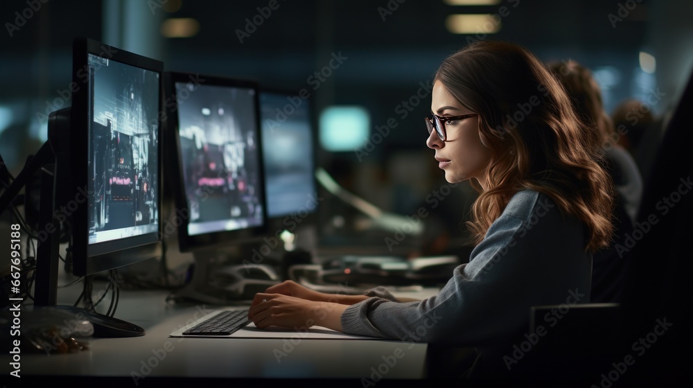 Group of programmers working hard,Young woman programmer using computer Group of programmers working hard,Young woman programmer using computer