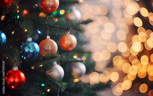 Christmas Tree With Baubles And Blurred Shiny Lights Close up. AI  Generative AI
