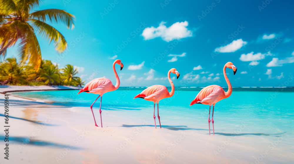 Fototapeta premium Flamingo on the seashore. Generative AI,