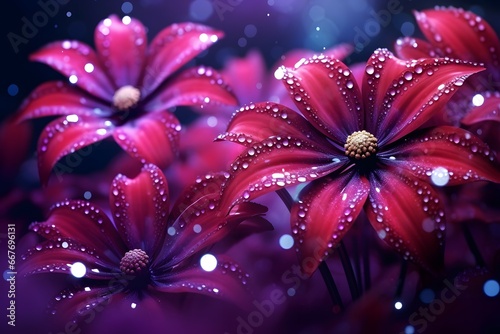 dark pink flowers with water drops on dark blue background