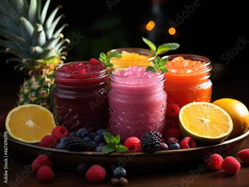 Colorful set of smoothies with exotic fruits.