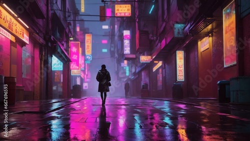 Dimly lit alleyway with neon illumination in a cyberpunk urban setting.