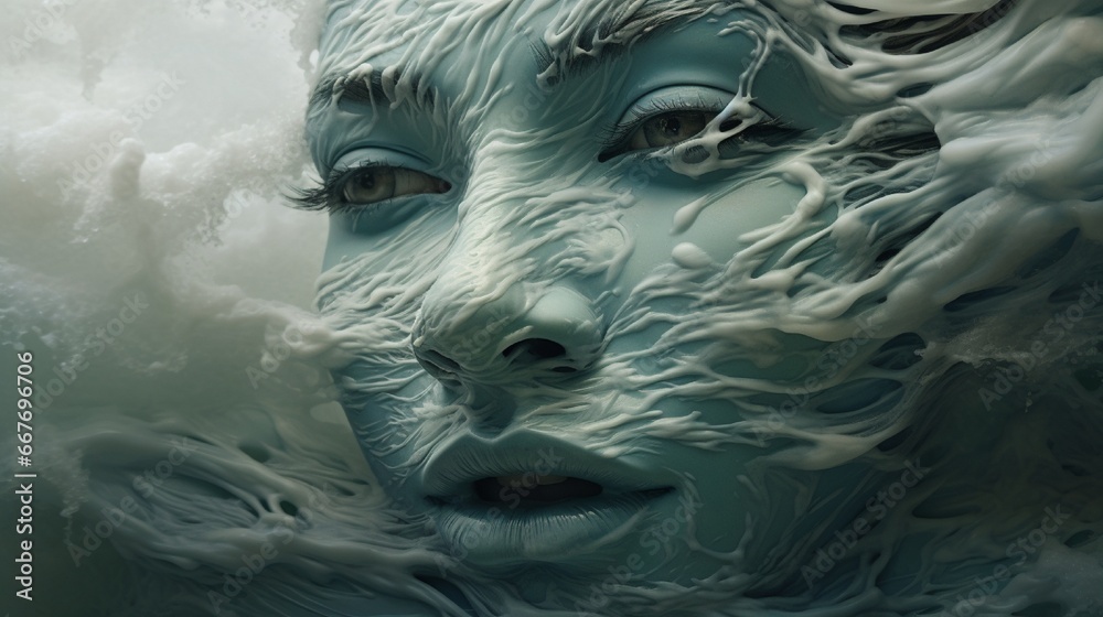 Overlaying a face with the undulating waves of a vast ocean.