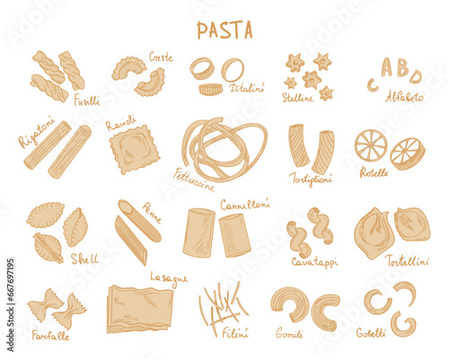 Set of vector pasta with text. Vintage illustration