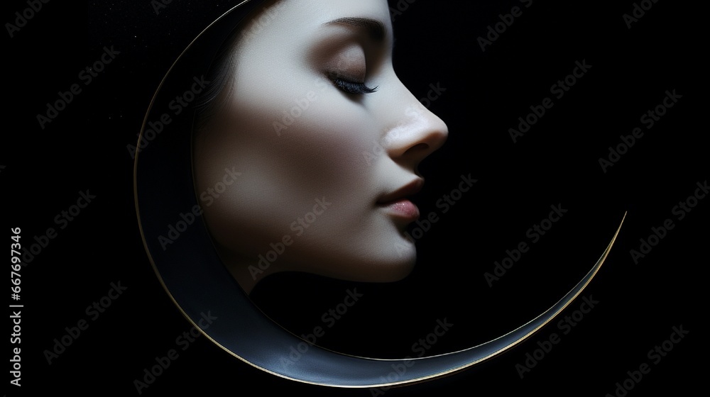 The curve of a jawline mirroring the crescent phase of the moon against a velvet night sky.