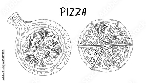 Pizza slices, whole pizza. Pizza with different toppings. Vector illustration.