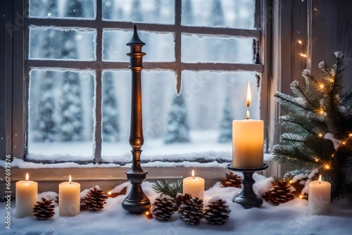 burning candles in the window with snow fall