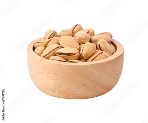Dry Roasted and Sea Salted Pistachios. roasted green pistachio nuts snack in wooden bowl on transparent png.