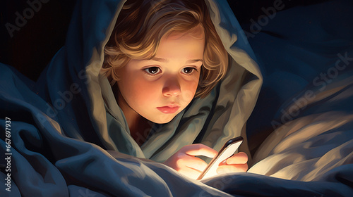 A child plays on the phone under the blanket. Generative AI,