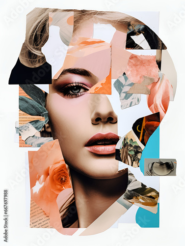 Collage portrait. Magazine clippings, fashion shoots, flowers and leaves. Abstract paper collage.