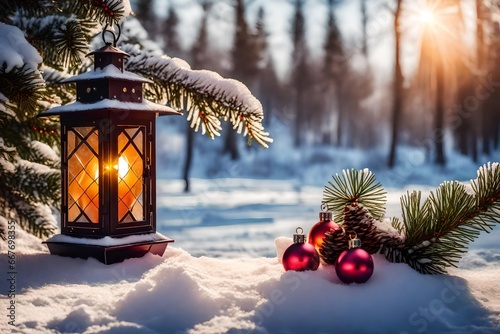 christmas lantern in the snow
