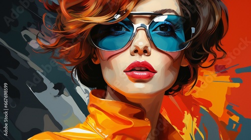 Abstract Pop Art fashion Illustration of abstract pop art The face is vivid makeup and vibrant colors gives it a retro of ink and textured patterns unique visual a banner or advertisement.