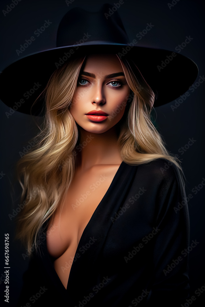 Young woman wearing black hat and black dress. Young woman wearing black hat and black dress.