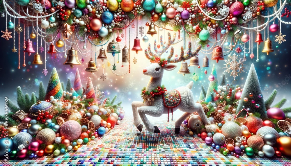 A vibrant reindeer adorned with colorful ornaments and balls, ready to bring festive cheer to your christmas and new year cards with plenty of copy space.  Christmas new year background,