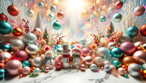 Vibrant colors and festive ornaments adorn a group of lively snowmen, creating the perfect christmas card to celebrate the holiday season and ring in the new year with joy and decoration photo