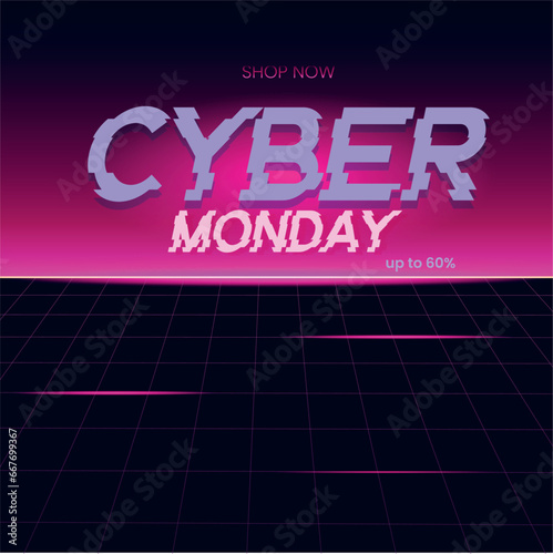 Neon Cyber Monday Banner. Text and Title of Cyber Monday. Cyber Monday sale horizontal poster or banner for seasonal discounts. 