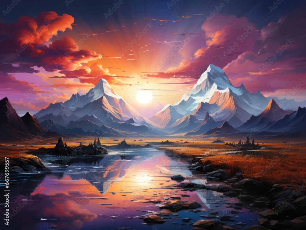 A composition in the backdrop, featuring surreal sunset and sunrise colors and textures, explores the realms of landscape painting, imagination, creativity, and art.