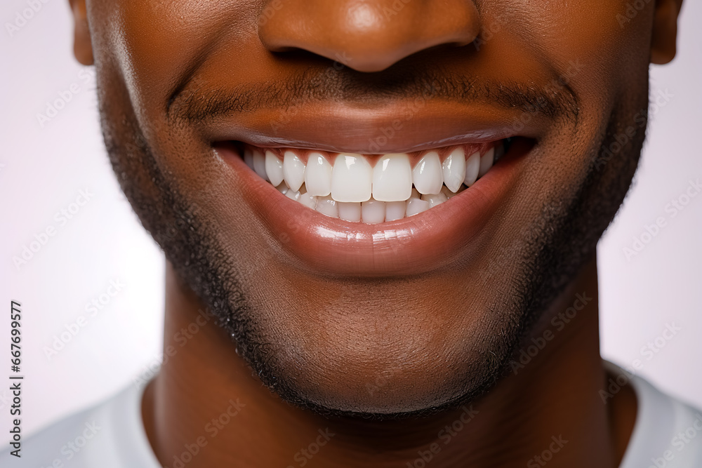 The white smile of an African-American man with a beard. Close-up. The white smile of an African-American man with a beard. Close-up.