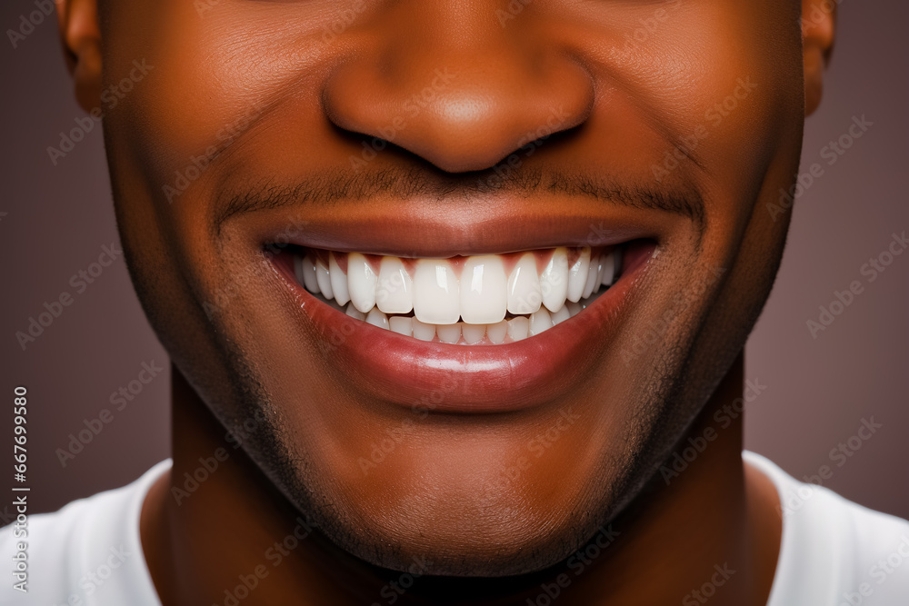 Fototapeta premium The white smile of an African-American man with a beard. Close-up.