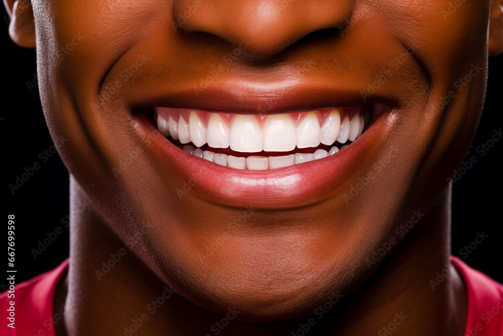 Fototapeta premium The white smile of an African-American man. Close-up.