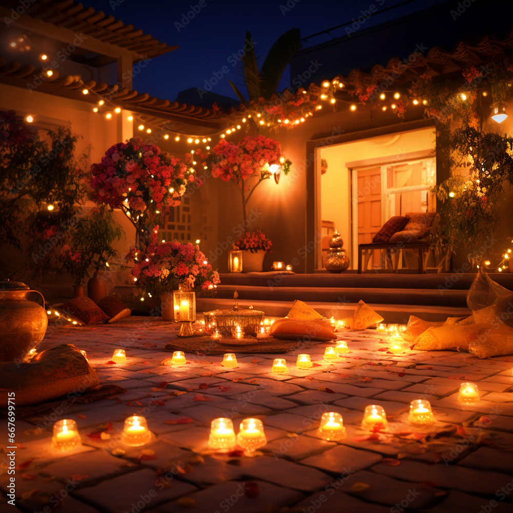 House decorated for Diwali festival - ai generative House decorated for Diwali festival - ai generative