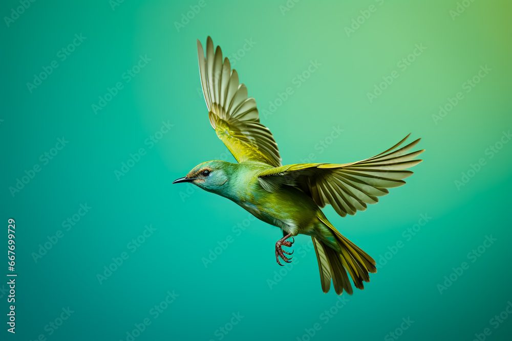 Green bird flying with wings open on a green background. Close-up ...