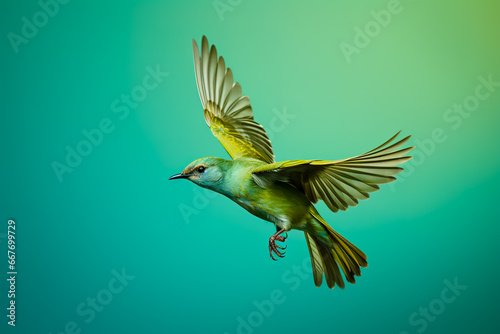 Green bird flying with wings open on a green background. Close-up.
