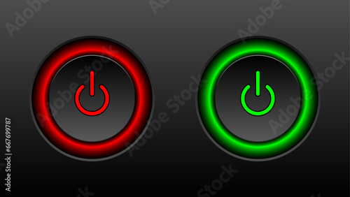 A set of two round buttons with backlight and power symbols. User interface elements for mobile devices in neumorphism style. Power on or power off 3D icon for apps and websites. Vector Illustration.