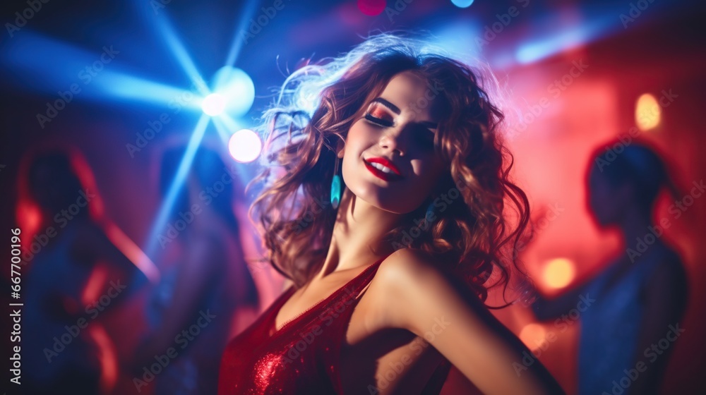 Bright and stylish young woman dancing in club, color light, motion effects