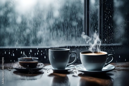 Steaming coffee cup on a rainy day window background 