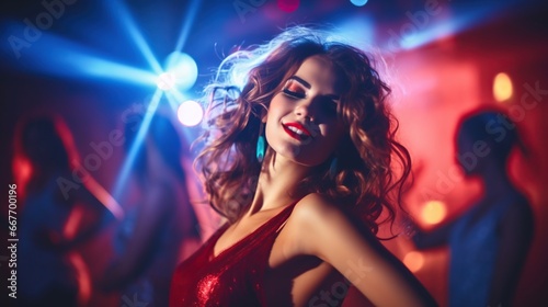 Bright and stylish young woman dancing in club, color light, motion effects