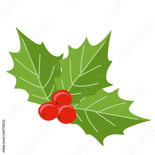 Holly berry icon. Christmas Floral symbol, Vector Flat illustration isolated on white background. Xmas Decoration with Berries and Leaves, Traditional Design element for Template, Postcard, Sticker.