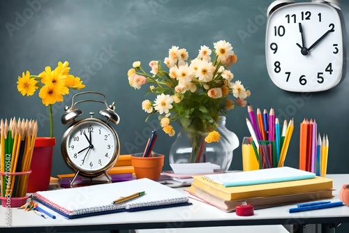Vase with flowers, alarm clock and stationery on table in classroom