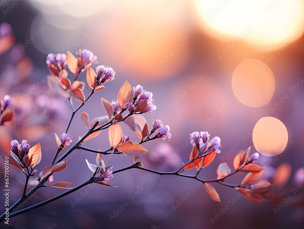 A soft, bright, shiny style with yellow and orange bokeh circles enhances the blurred and natural abstract of purple and violet light leaves, making it an 